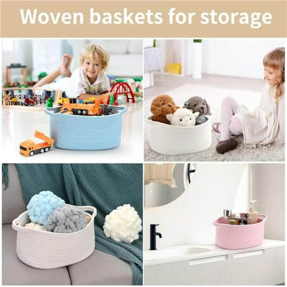 Woven Cotton Storage Basket with Handles Baby Gift Bin Nursery Organizer